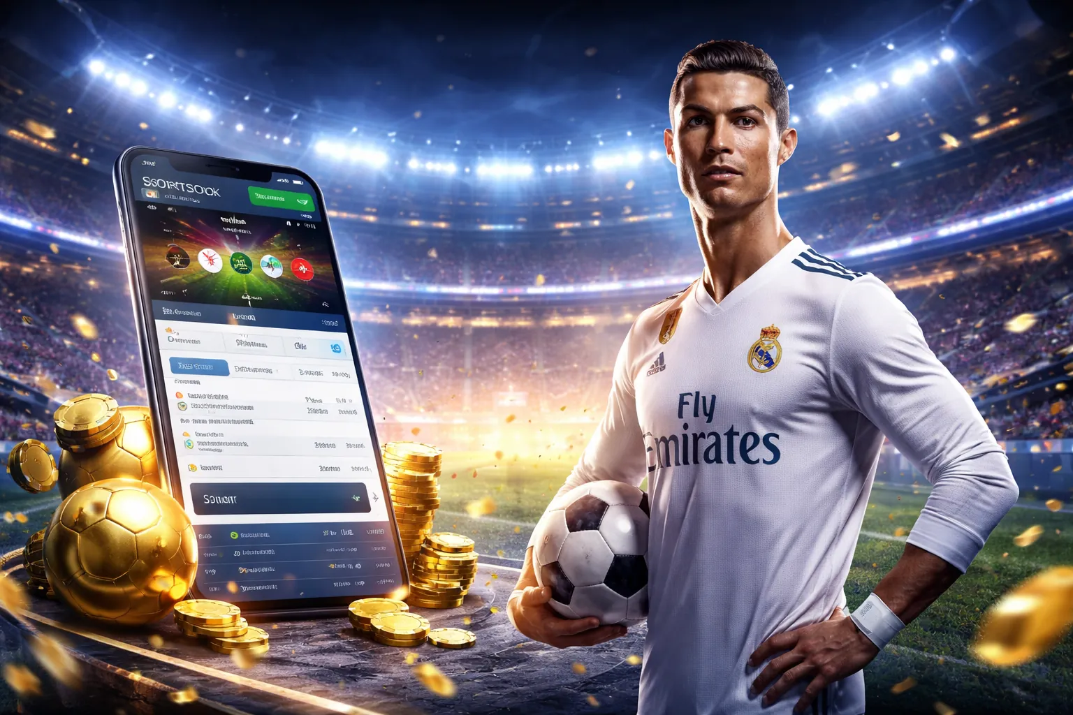 Sân vận động sôi động với người hâm mộ và biểu tượng cá cược thể thao Goal123